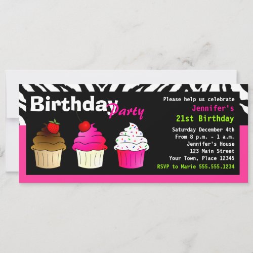 Custom Birthday Party Hot Pink Zebra _ Cupcakes Invitation