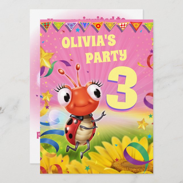 Custom Birthday Party invite girl 3yrs old (Front/Back)