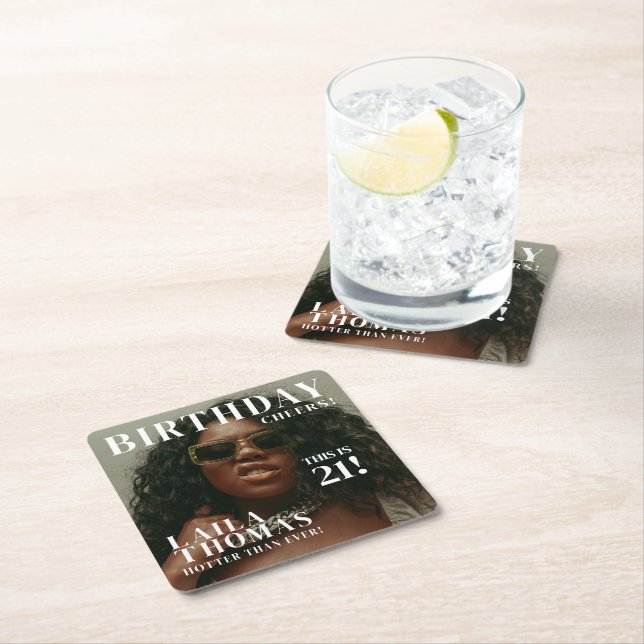 Custom Birthday Party Magazine Cover Cheers Square Paper Coaster (Insitu)