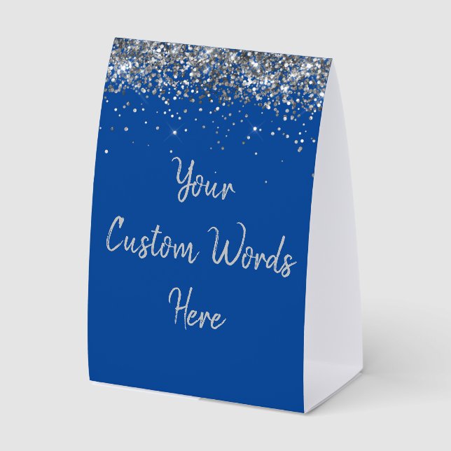Custom Birthday Party Personalized Blue and Silver Paper Table Tent (Front)