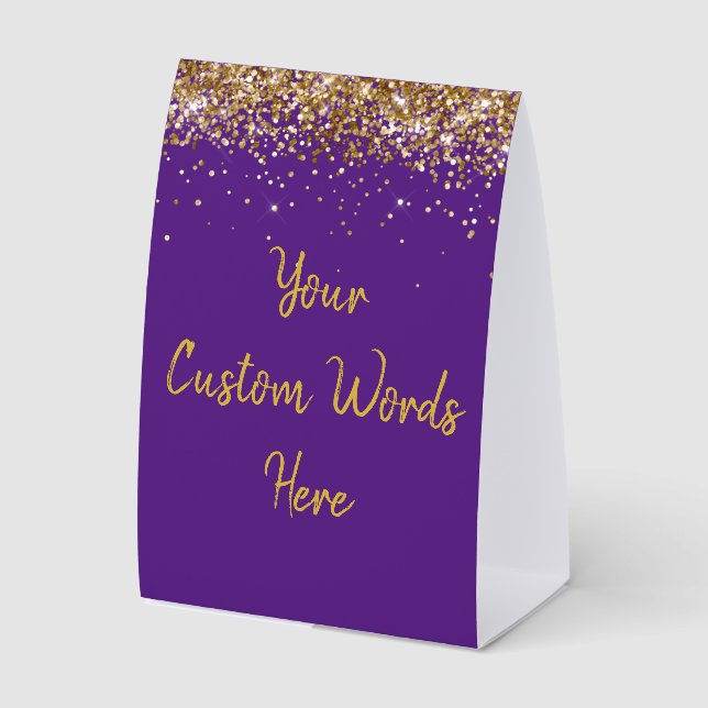 Custom Birthday Party Personalized Purple and Gold Paper Table Tent (Front)