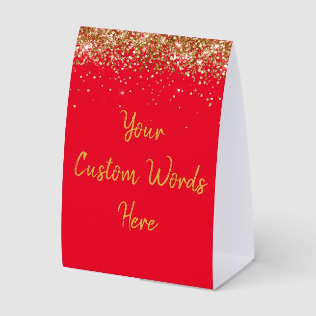 Custom Birthday Party Personalized Red and Gold Paper Table Tent (Front)