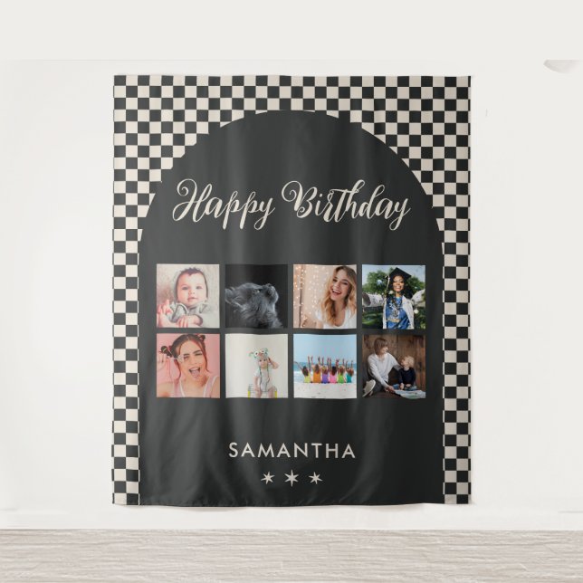 Custom Birthday Party Photo Collage Banner Tapestry (Front)