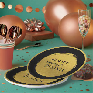 Custom Birthday Party Plates, Modern Black Gold Paper Plates