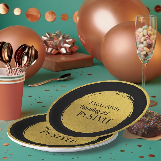 Custom Birthday Party Plates, Modern Black Gold Paper Plates (Multi)