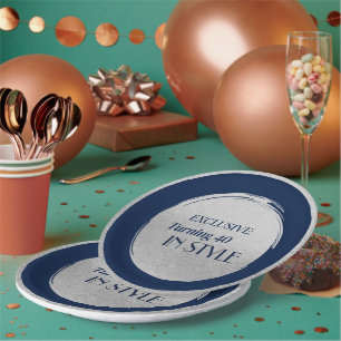 Custom Birthday Party Plates, Modern Blue Silver Paper Plates