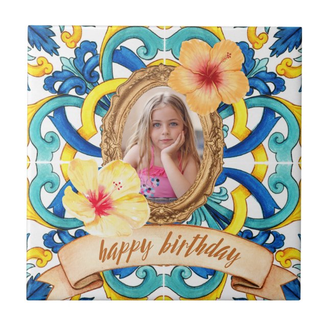 Custom Birthday Photo Blue Mediterranean Tile Cera (Front)
