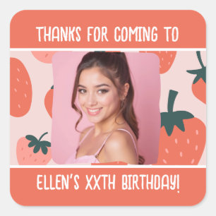 Custom Birthday Photo Name Any Age Strawberry Square Sticker