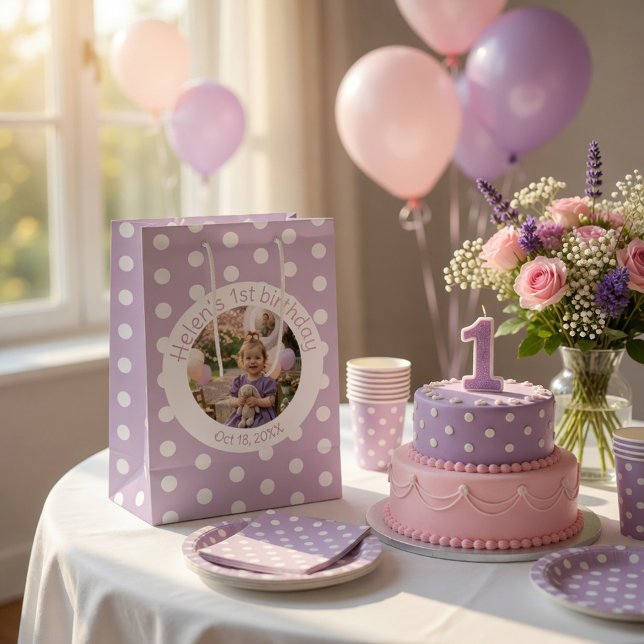Custom Birthday Photo & Purple Polka Dot Medium Gift Bag (Creator Uploaded)