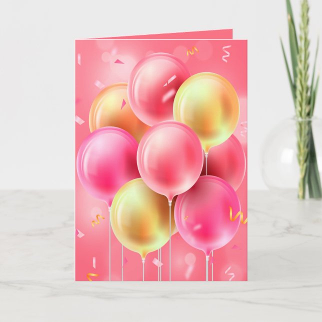 Custom Birthday Pink Balloons Greeting Card (Front)
