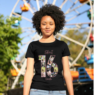 Custom Birthday Pink Girly Sweet 16 Photo Collage T-Shirt