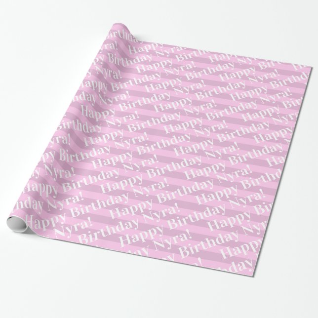 Custom Birthday Pink Stripe Personalized with Name Wrapping Paper (Unrolled)