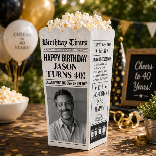 Custom Birthday Popcorn Box, Newspaper Popcorn Favor Boxes