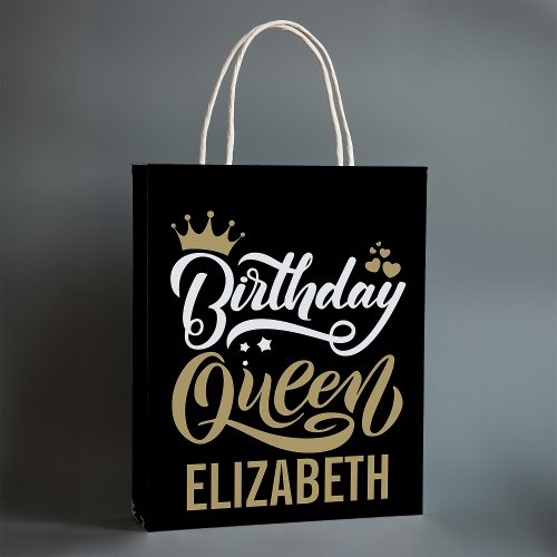 Custom Birthday Queen Black and Gold Personalized Medium Gift Bag