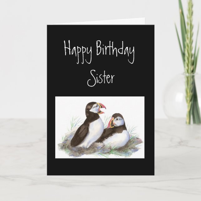Custom Birthday, Sister, Cute Puffins Bird Nature Card (Front)