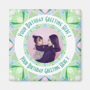 Custom Birthday Star Green Pink Photo Greeting Magnet