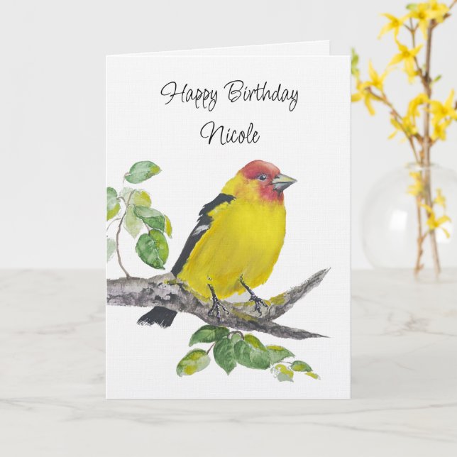Custom  Birthday Watercolor Western Tanager Bird Card (Yellow Flower)