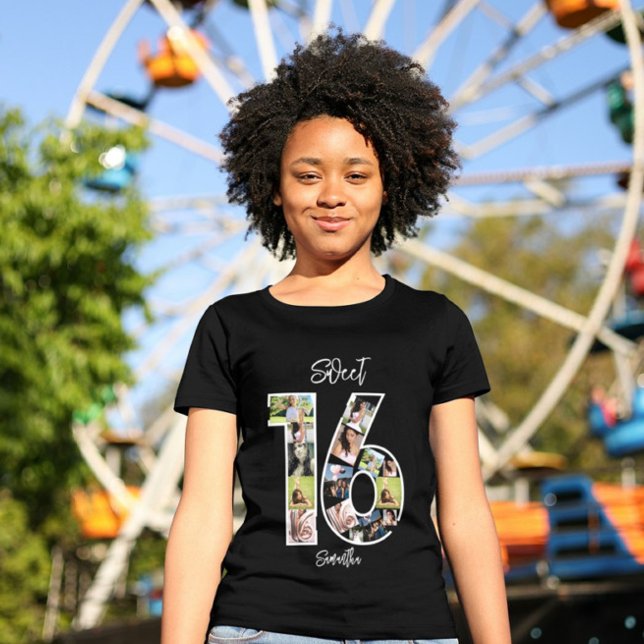 Custom Birthday White Girly Sweet 16 Photo Collage T-Shirt (Creator Uploaded)