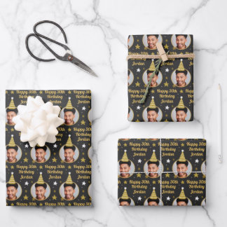 Custom Birthday Wrapping Paper Black & Gold Stars