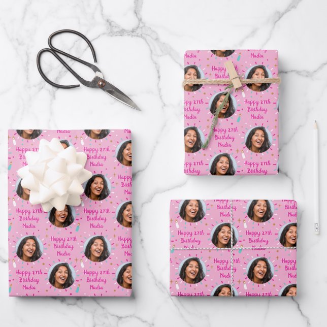 Custom Birthday Wrapping Paper Colorful Pink (Front)