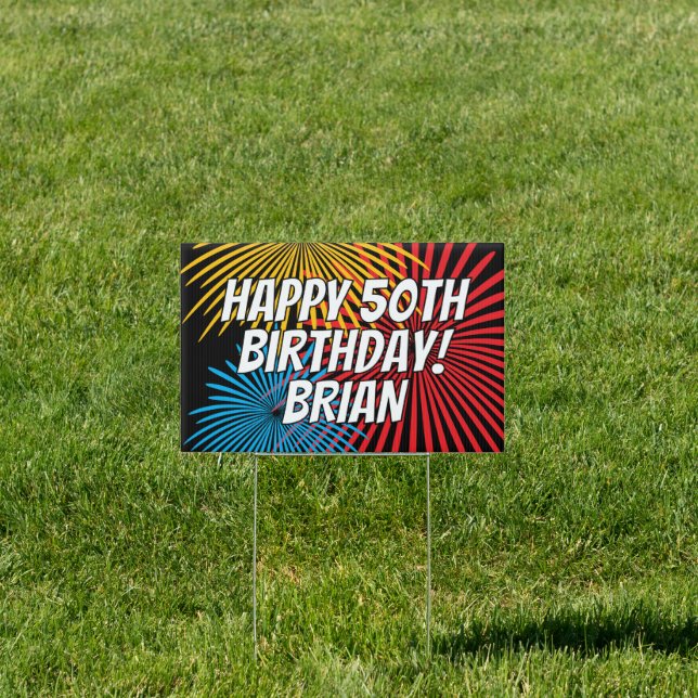 Custom Birthday yard sign with fireworks display (Insitu)