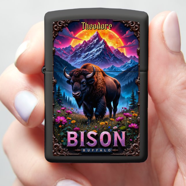Custom Bison Buffalo Pink Text Zippo Lighter (In Hand)