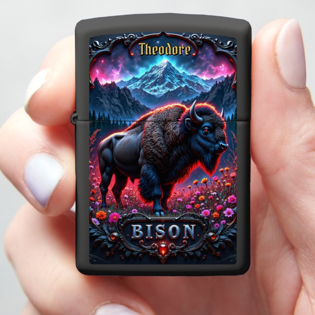 Custom Bison Buffalo Vibrant Sunset Zippo Lighter (In Hand)