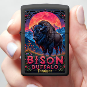 Custom Bison Graphic Neon Mountain Western Zippo Lighter