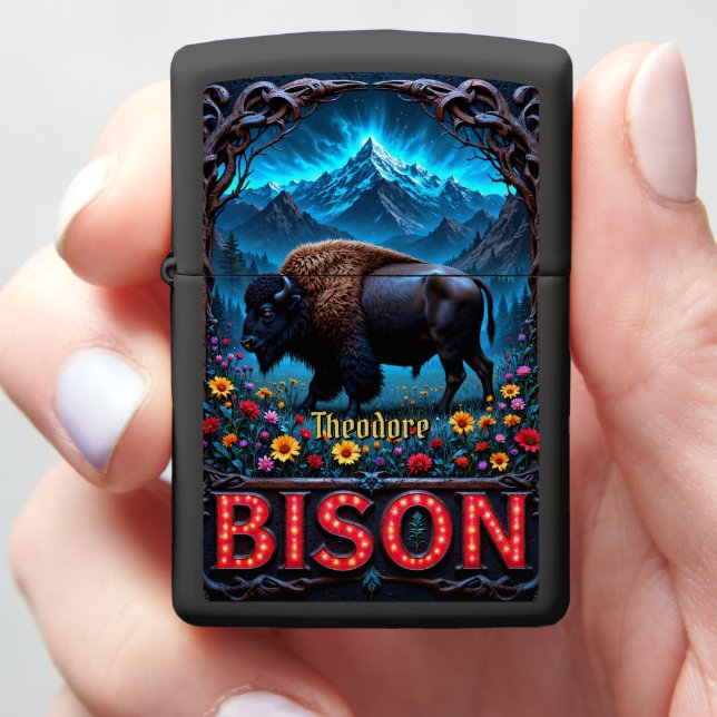 Custom Bison Majestic Neon Mountain Zippo Lighter (In Hand)