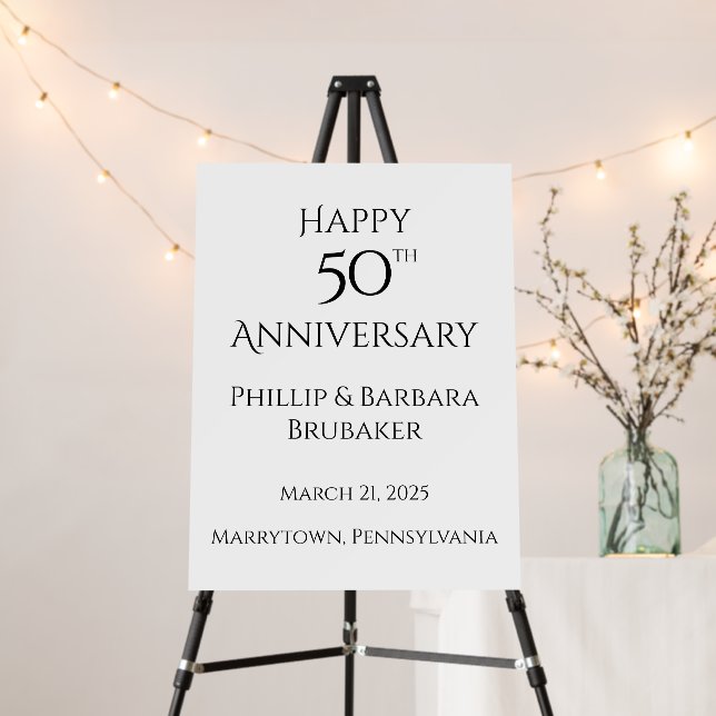Custom Black 50th Anniversary Party Welcome Foam Board (In Situ (Stand))