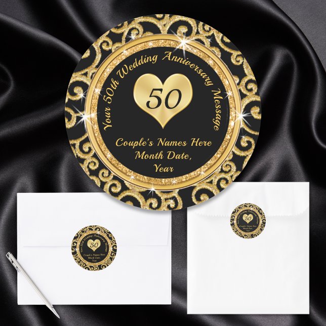 Custom Black and Gold 50th Anniversary Stickers (Black and Gold, 50th Anniversary Envelope Stickers. 50th anniversary favor bags, stickers. 50 year.)