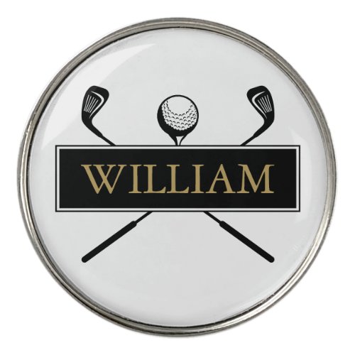 Custom Black And Gold Ball And Clubs Golf Ball Marker