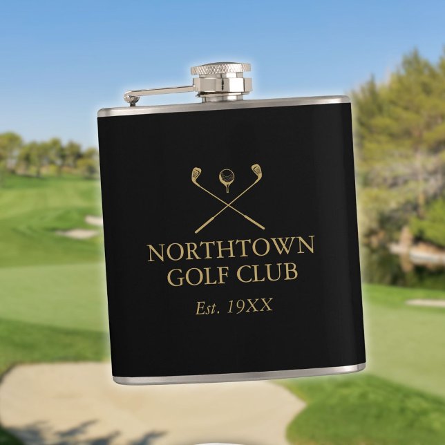 Custom Black And Gold Golf Club Name Flask (Custom Black And Gold Golf Club Name Flask)