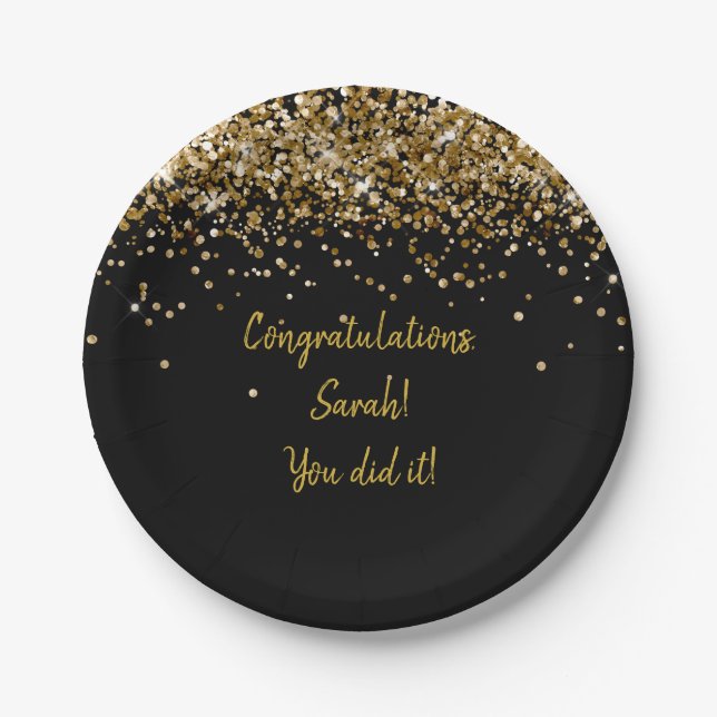 Custom Black and Gold Graduation Party Glitter Paper Plates (Front)