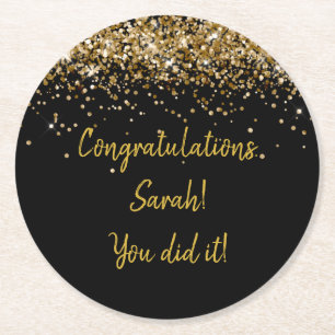 Custom Black and Gold Graduation Party Sparkle Round Paper Coaster