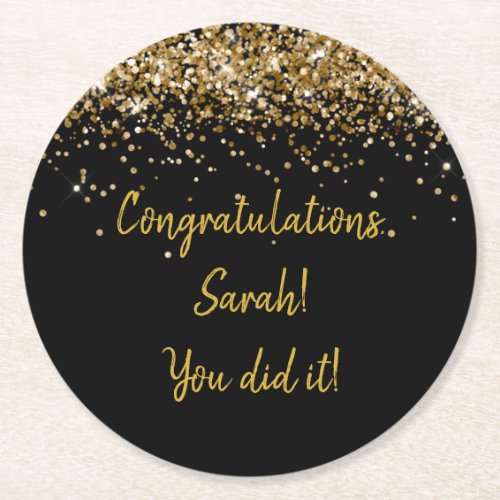 Custom Black and Gold Graduation Party Sparkle  Round Paper Coaster