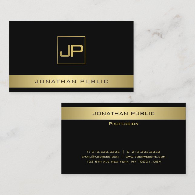 Custom Black And Gold Modern Monogram Elegant Business Card (Front/Back)