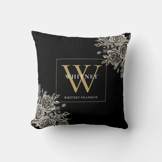 Custom Black And Gold Monogram Floral Throw Pillow (Front)
