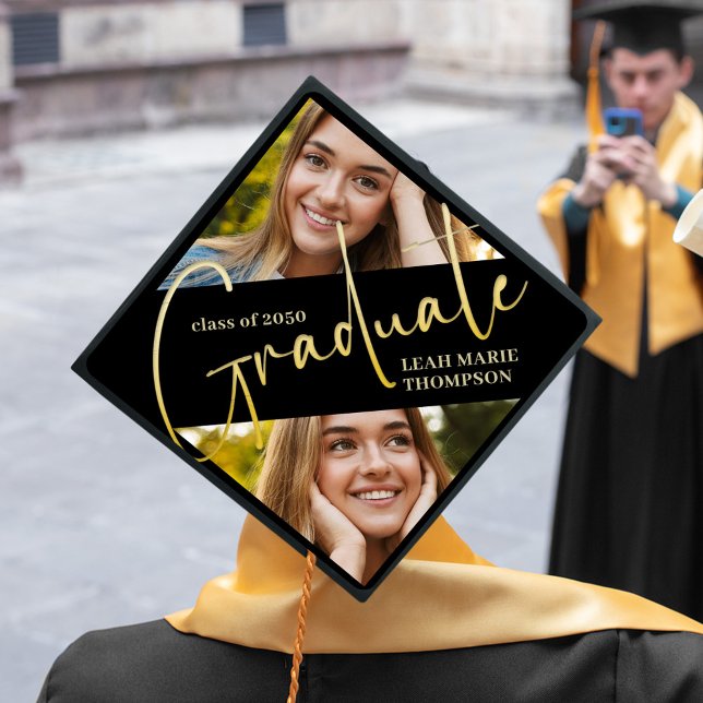 Custom Black and Gold Photo Collage Graduation Cap (Custom black and gold photo collage graduation cap topper with name and class year.)