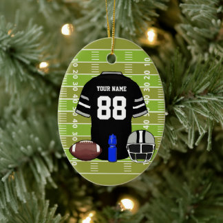 Custom Black and Gray Football Jersey on Field Ceramic Ornament