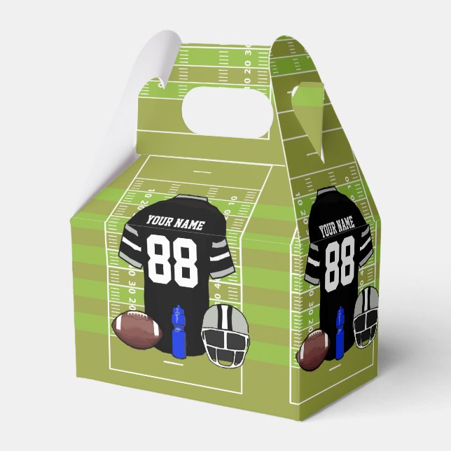 Custom Black and Gray Football Jersey on Field Favor Boxes (Front Side)