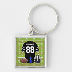 Custom Black and Gray Football Jersey on Field Keychain