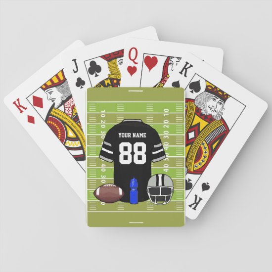 Custom Black and Gray Football Jersey on Field Playing Cards