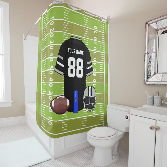 Custom Black and Gray Football Jersey on Field Shower Curtain (In Situ)