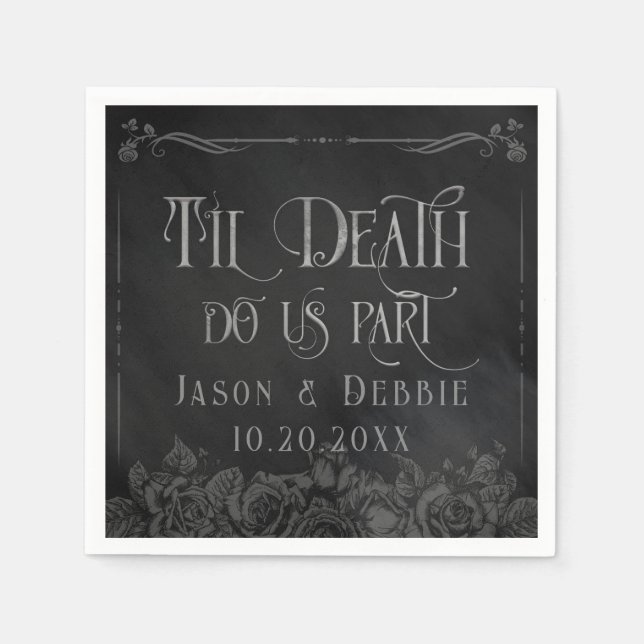 Custom Black and Grey Floral Gothic Wedding Napkins (Front)
