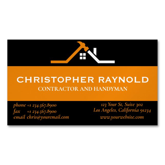 Custom Black and Orange Home Building Construction Business Card Magnet (Front)