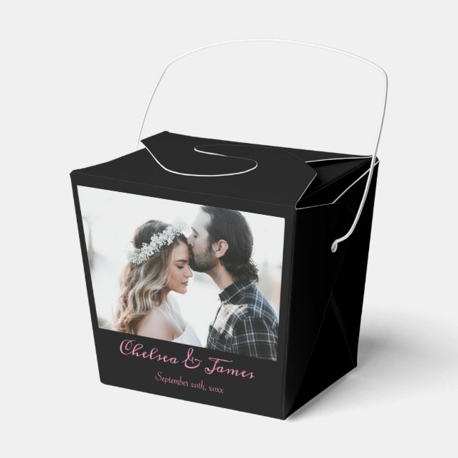 Custom Black and Pink Calligraphy Wedding Photo Favor Boxes (Front Side)