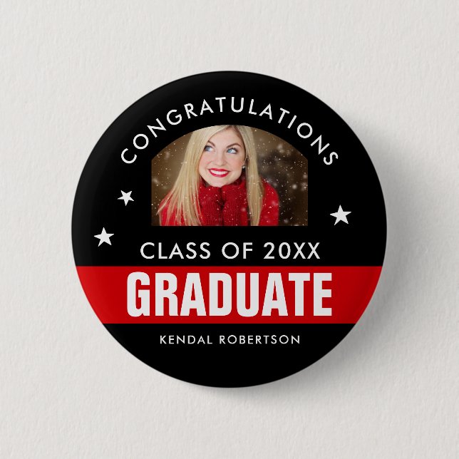 Custom Black and Red Graduation Photo Button (Front)