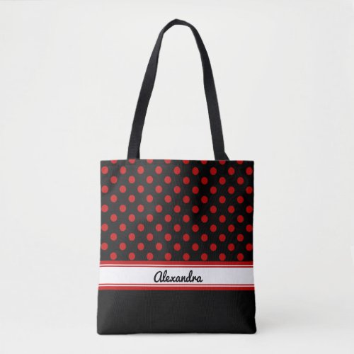 Custom Black and Red Polka Dots Black Base Tote Bag