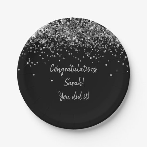 Custom Black and Silver Graduation Party Glitter Paper Plates